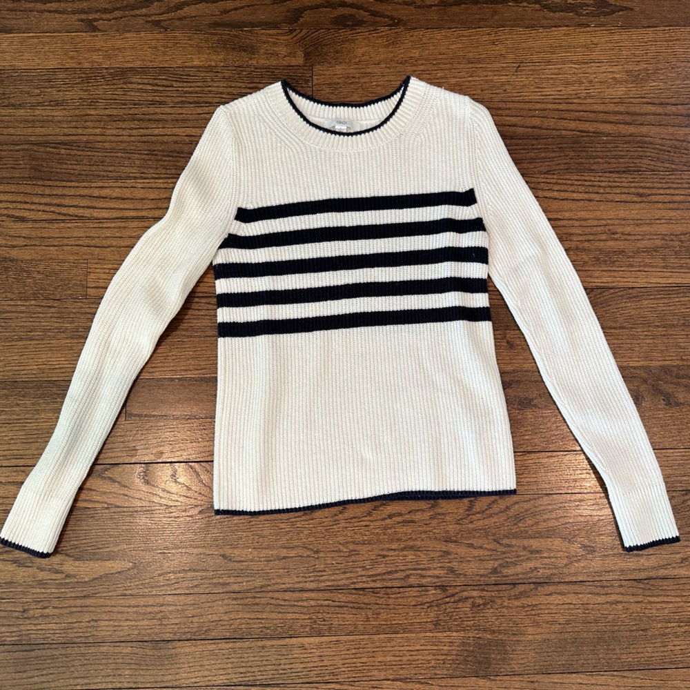 Navy and Ecru White Striped Lightweight Pullover Sweater